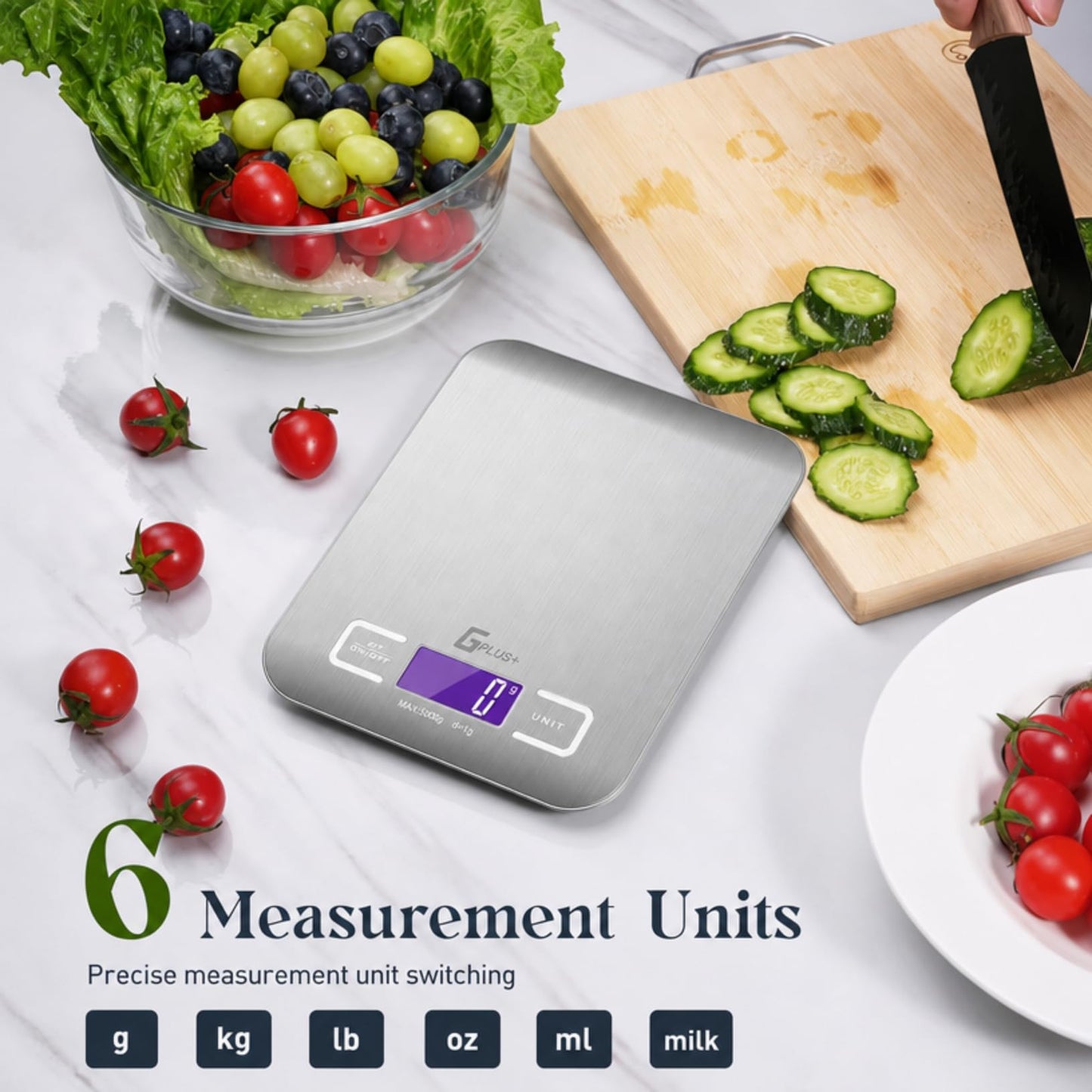 Food Scale, GPlus+ Digital Kitchen Scale, Highly Accurate 5000g/11lb x 0.1oz, Food Scale for Cooking, Baking and Weight Loss, Kitchen Scale with Backlit - Batteries Included - Available at All In One Marketplace Canada
