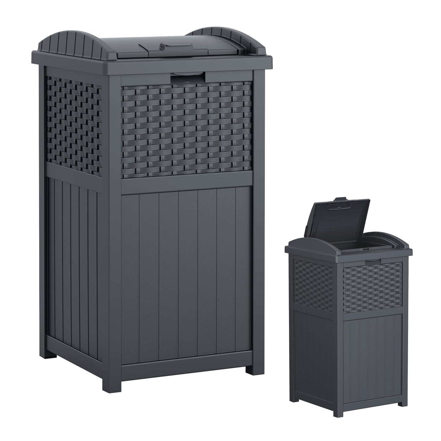 Suncast 33 Gallon Wicker-Style Hideaway Trash Can with Secure Latching Lid and Weather-Resistant Construction for Patio, Cyberspace Grey, Made in the USA Suncast