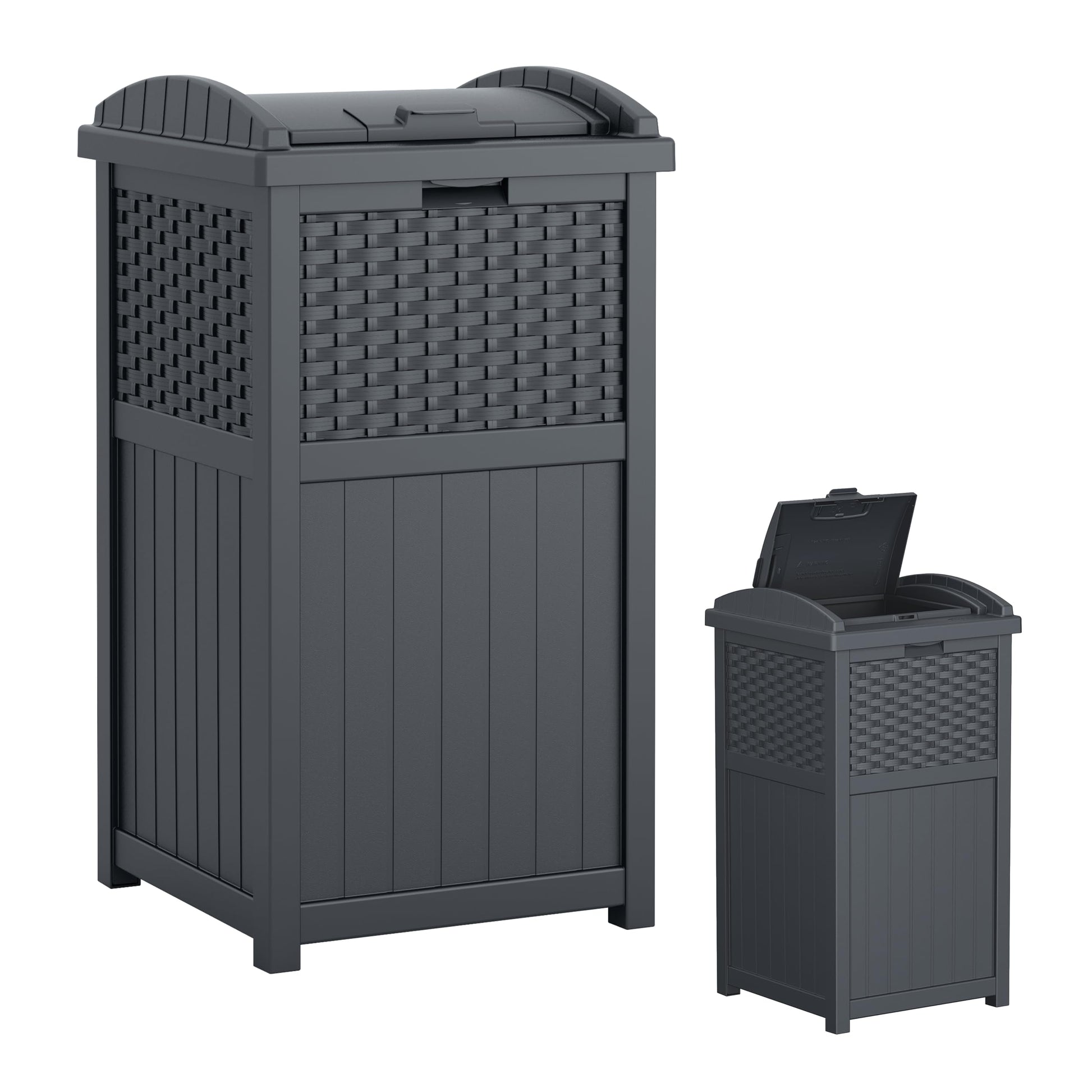 Suncast 33 Gallon Wicker-Style Hideaway Trash Can with Secure Latching Lid and Weather-Resistant Construction for Patio, Cyberspace Grey, Made in the USA Suncast