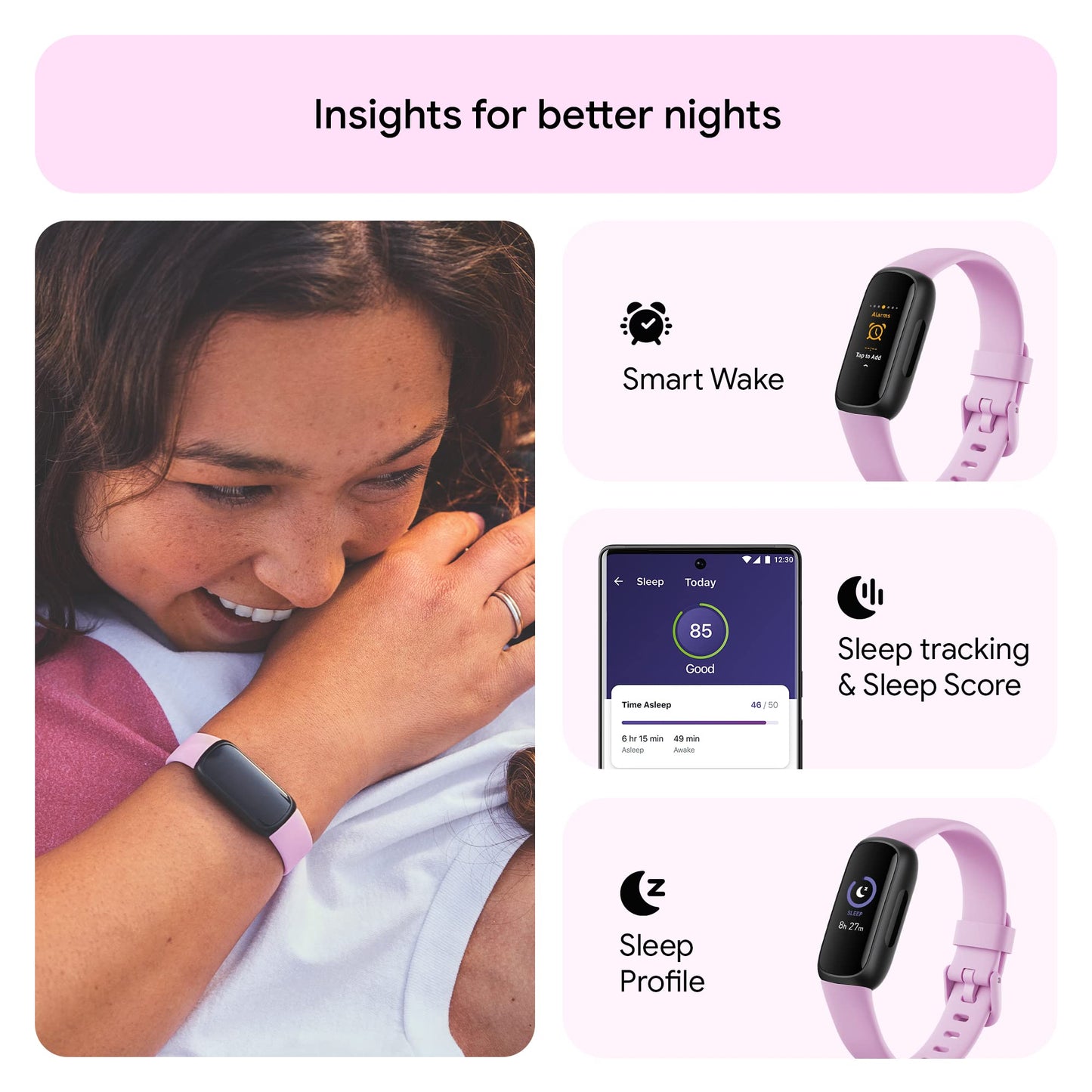 Google Fitbit Inspire 3 Health and Fitness Tracker with Stress Management, Workout Intensity, Sleep Tracking, 24/7 Heart Rate and More, Lilac Bliss/black, One Size (S and L Bands Included)