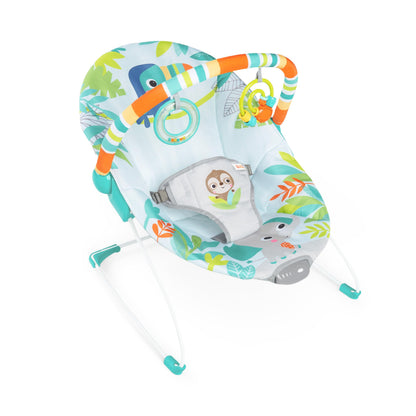 Bright Starts Rainforest Vibes 3-Point Harness Vibrating Baby Bouncer with -Toy bar
