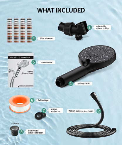 SR SUN RISE Filtered Shower Head with Handheld, High Pressure 9 Spray Mode Matte Black Showerhead with Filters, Detachable Shower Head,Water Softener Filters Beads for Hard Water - Remove Chlorine