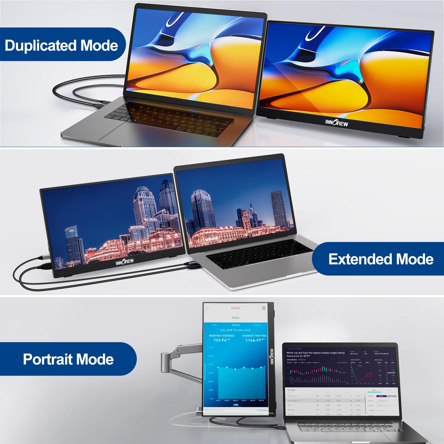 InnoView Portable Monitor 15.6" 1080P Portable Monitor for Laptop with Protective Sleeve Built-in 90° Adjustable Stand USB C HDMI Ultra-Slim Laptop Screen Extender for MacBook Phone PS Xbox Switch