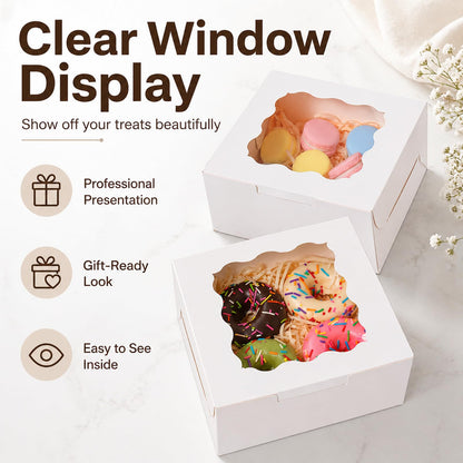 50 Pcs White Bakery Boxes with Window, 6x6x3 inches Cookie Boxes with Stickers Macaroon Boxes Small Treat Boxes Mini Cake Boxes for Dessert, Pastry, Sturdy Take Out Container for Party Wedding Favor 🍁 All In One Marketplace Canada
