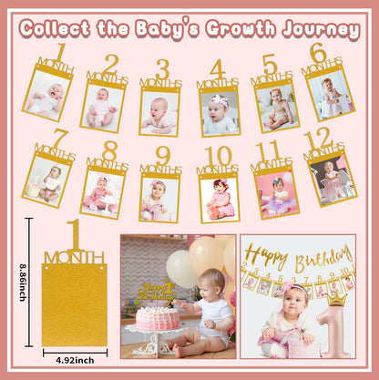 First Birthday Decorations for Girl, 1st Birthday Decorations Girl Happy Birthday Banner Cake Topper Bear Balloon Photo Banner Dusty Pink and Gold Balloons 1st Birthday Girl Decoration 🍁 All In One Marketplace Canada