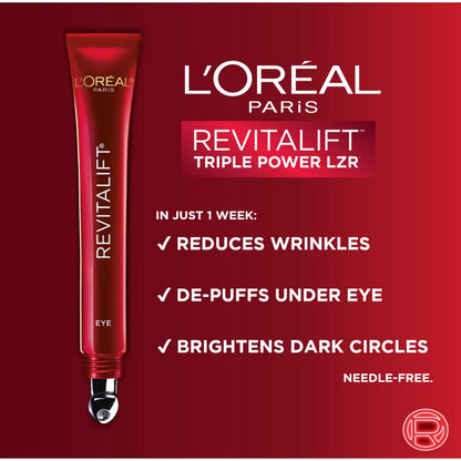 L’Oréal Paris Eye Cream For Wrinkles, with Hyaluronic Acid, Vitamin C, Under Eye Cream to Reduce Look of Wrinkles and Under-Eye Bags, Revitalift Triple Power LZR, Skincare, 15ml