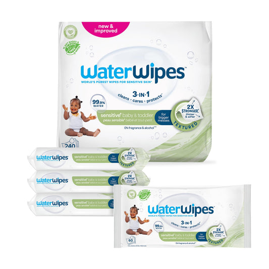 WaterWipes Sensitive+ Baby & Toddler Wipes, 3-In-1 Cleans, Cares, Protects, 99.9% Water, Textured Clean, Unscented & Hypoallergenic, 240 Count (4 Packs)