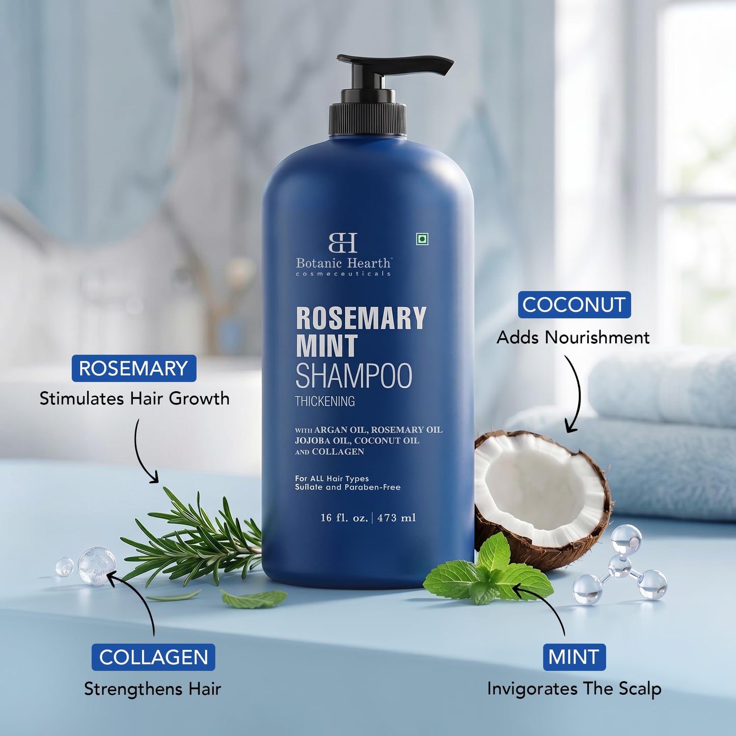 Botanic Hearth Rosemary Shampoo with Biotin & Mint, Sulfate-Free Deep Cleansing Shampoo for Thicker, Fuller-Looking Hair, Nourishing Scalp Care, 16 fl oz - Available at All In One Marketplace Canada