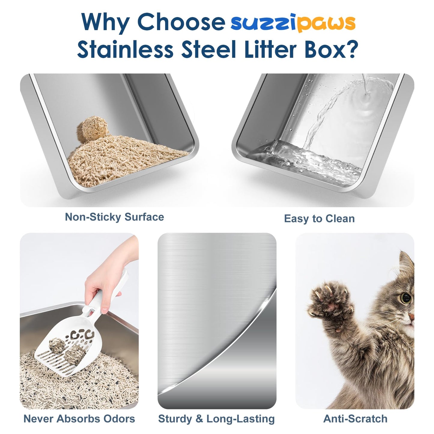 Suzzipaws XL Enclosed Stainless Steel Cat Litter Box for Big Cats suzzipaws