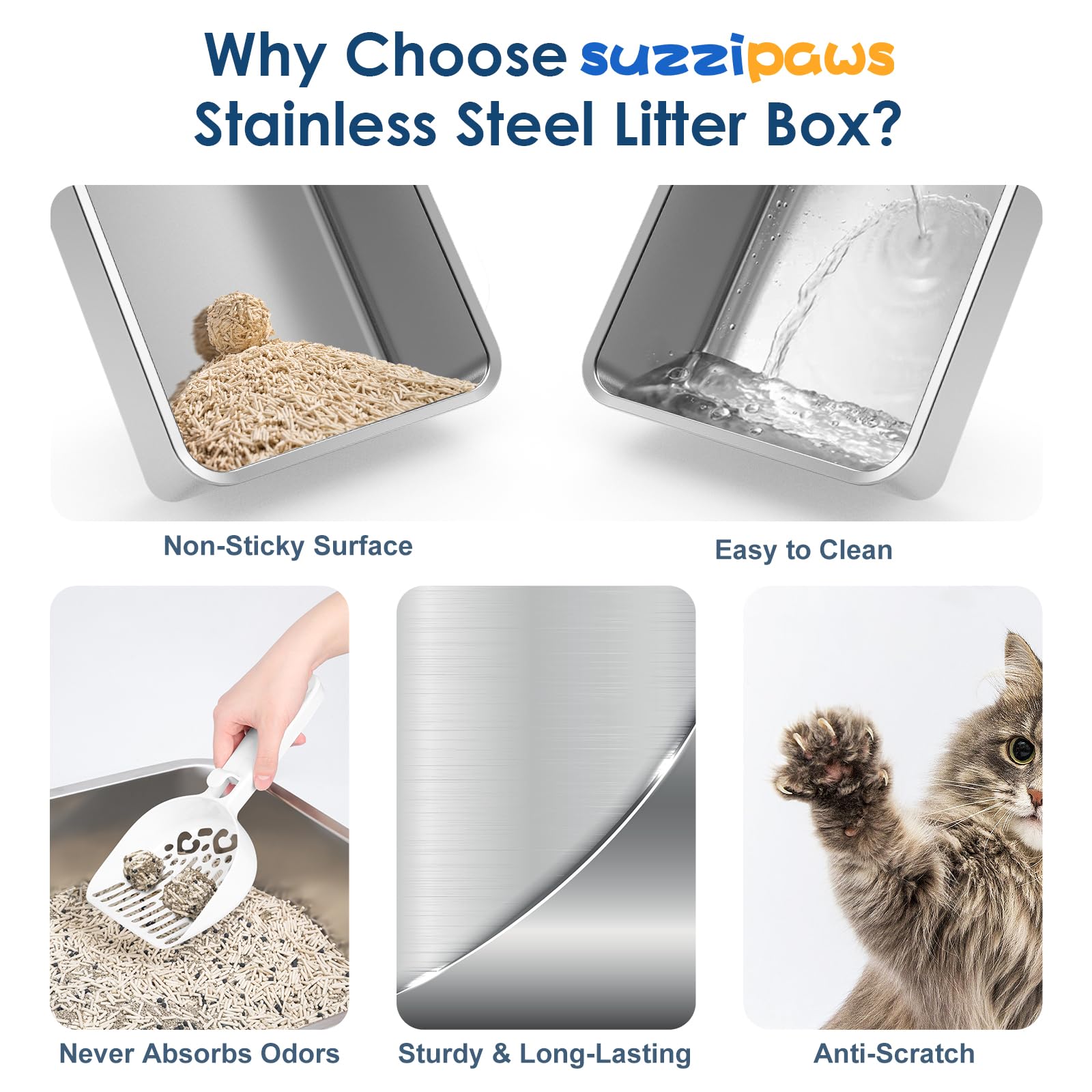 Suzzipaws XL Enclosed Stainless Steel Cat Litter Box for Big Cats suzzipaws
