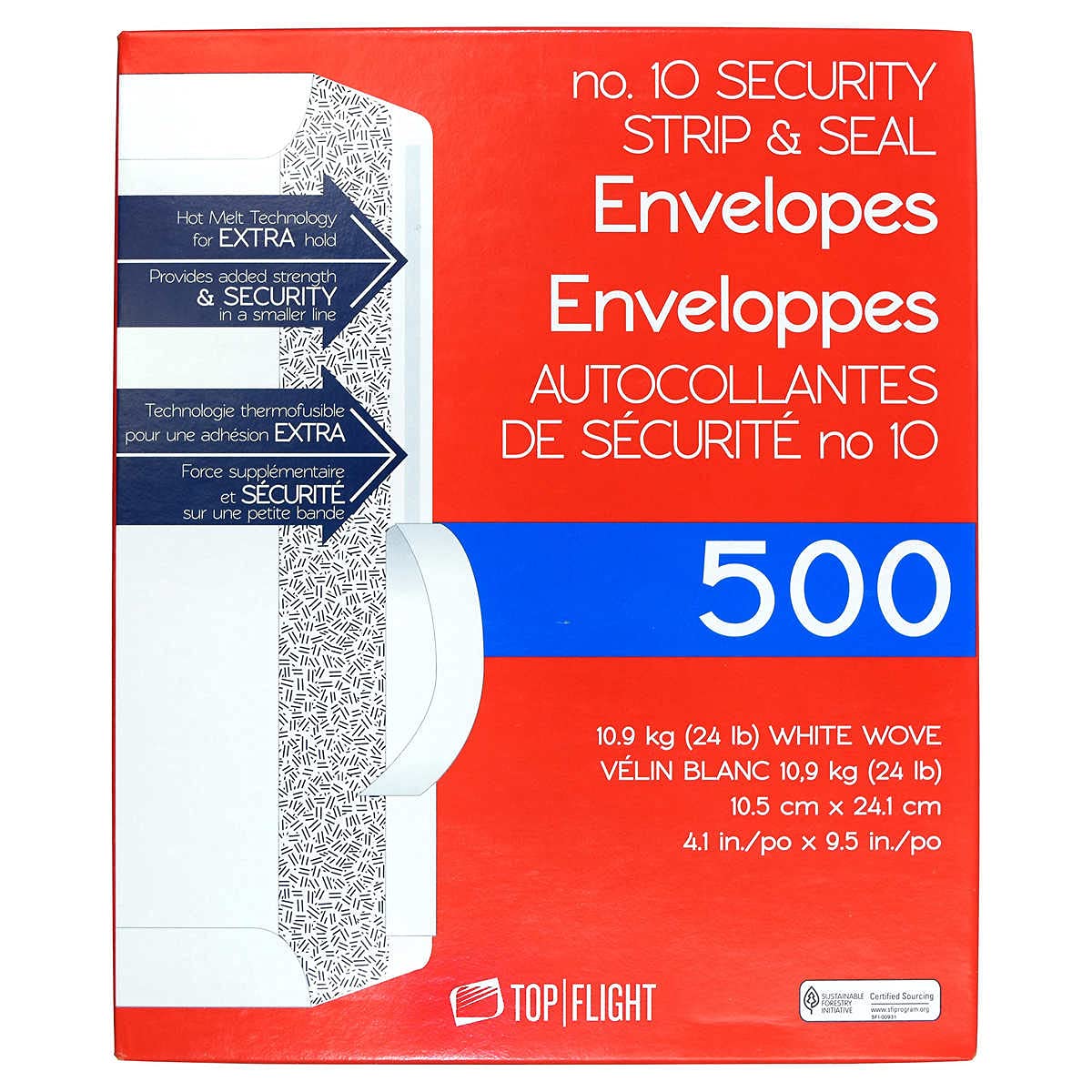 Top Flight PSTF10NWT #10 Envelopes, Strip & Seal, Security Tinted, White Paper, 24 lb, 500 Count Top Flight