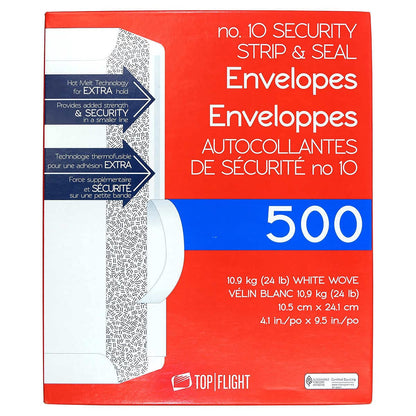 Top Flight PSTF10NWT #10 Envelopes, Strip & Seal, Security Tinted, White Paper, 24 lb, 500 Count Top Flight