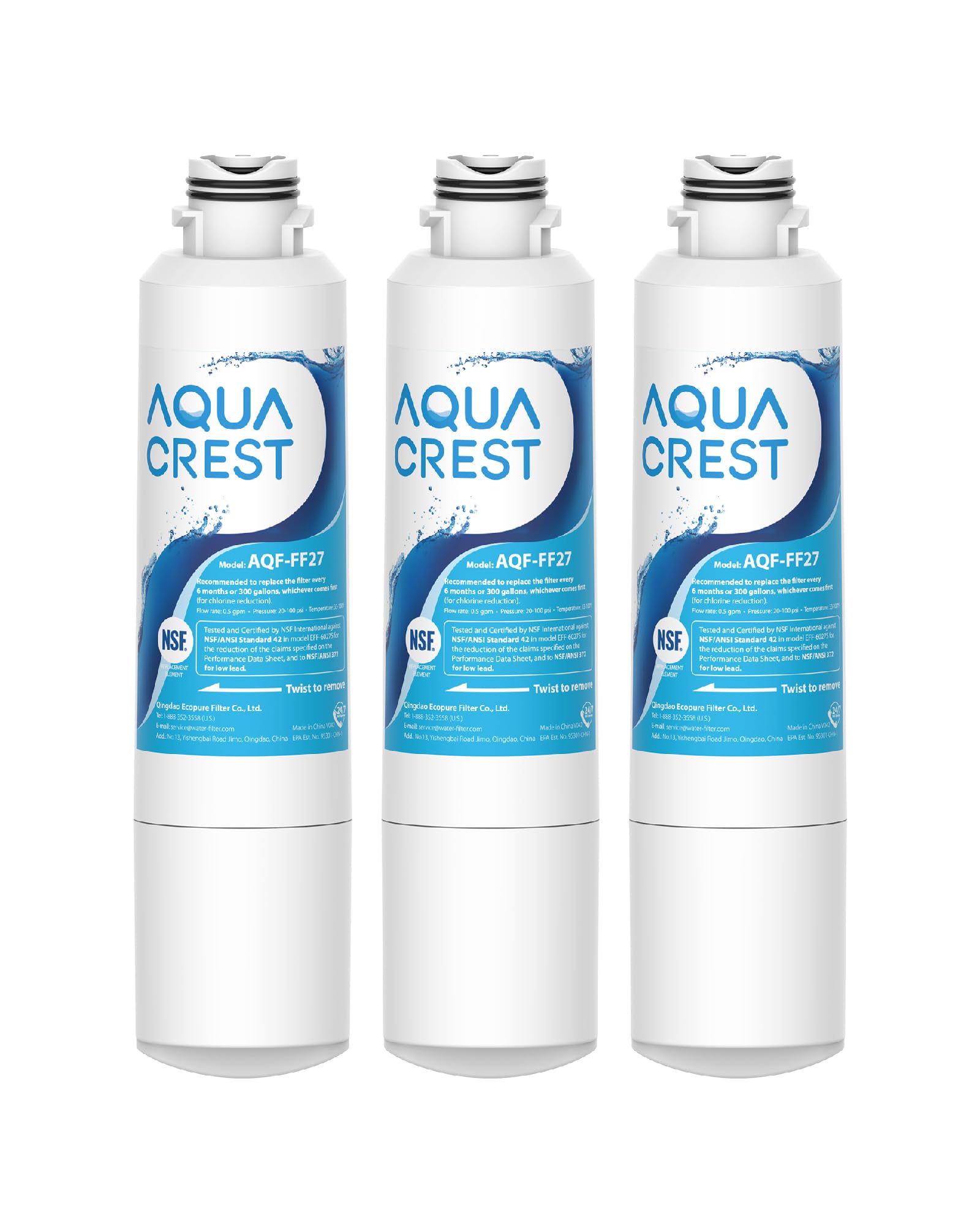 AQUA CREST AQF-FF27 Replacement for Samsung HAF-CIN/EXP, DA29-00020B, RF28HMEDBSR, RF263BEAESR, RF4287HARS, HAF-CIN, DA97-08006A-1, RF28K9380SR, RF28HFEDTSR, Refrigerator Water Filter, 3 Filters