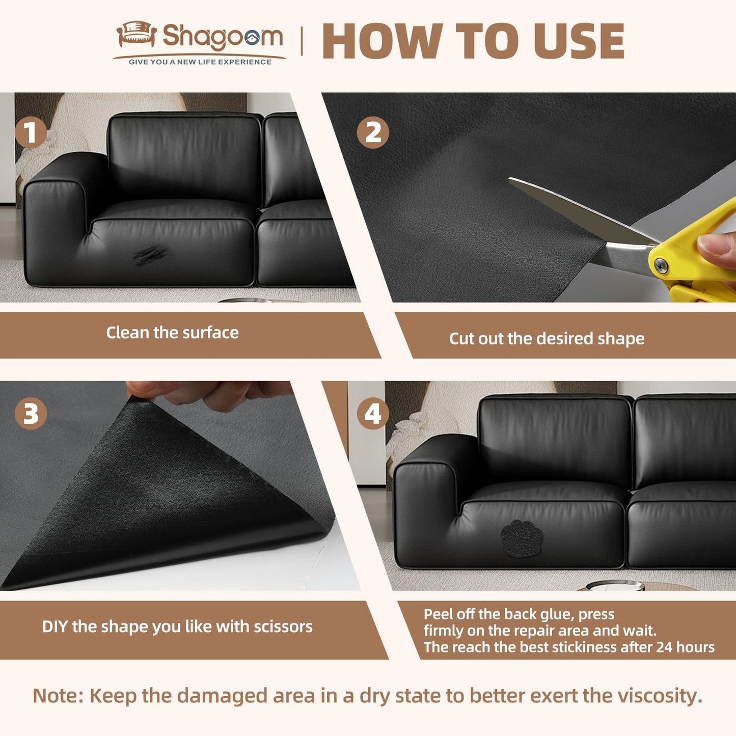 Shagoom Leather Repair Kit, 17X79 inch Self Adhesive Leather Patch Waterproof, DIY Large Vinyl Patches for Couches, Furniture, Kitchen Cabinets, Wall （Black, 17X79 inch）