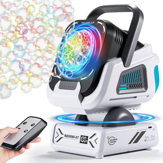 Upgraded Bubble Machine with Remote Control, Automatic Rotation & RGB Lights, 1800mAh Rechargeable, Type-C Charge, Bubble Maker for Kids, Weddings, Birthday Parties, Outdoor Activities