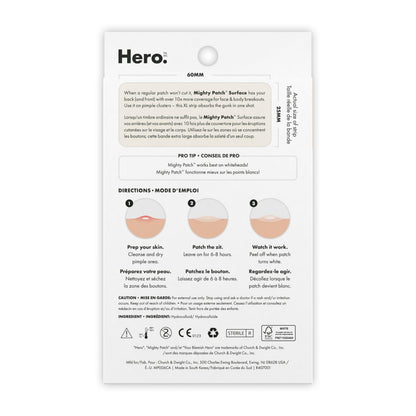 Hero Cosmetics Mighty Patch Surface – Large Hydrocolloid Patch for Pimples on the Body, Back and Face, Suitable for Sensitive Skin, 10 Count
