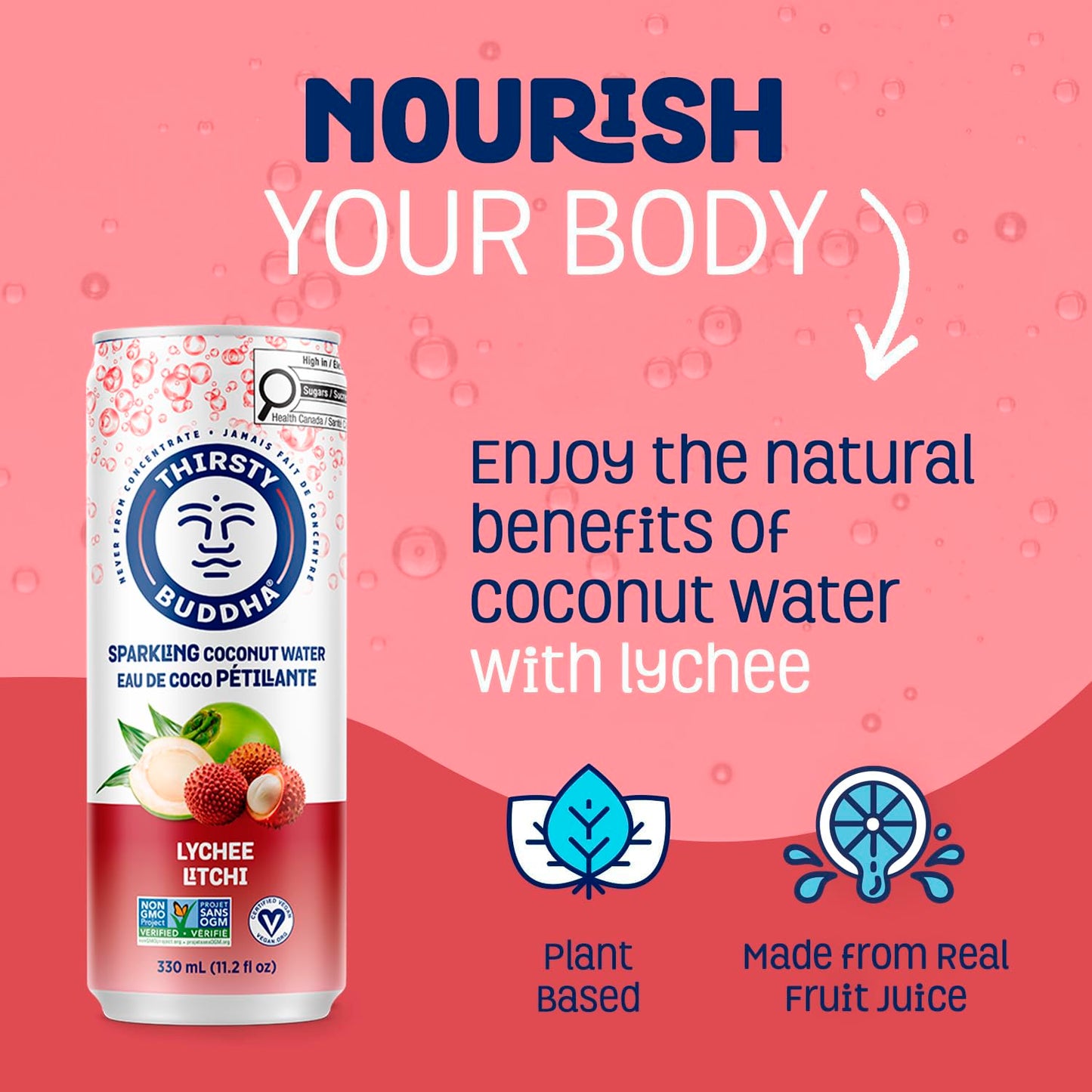 THIRSTY BUDDHA Sparkling Coconut Water with Lychee, No Added Sugar, Pure Coco Drink, Natural Fruit Flavour, Electrolyte & Nutrient-Rich, 12 Pack, (12/330ml)