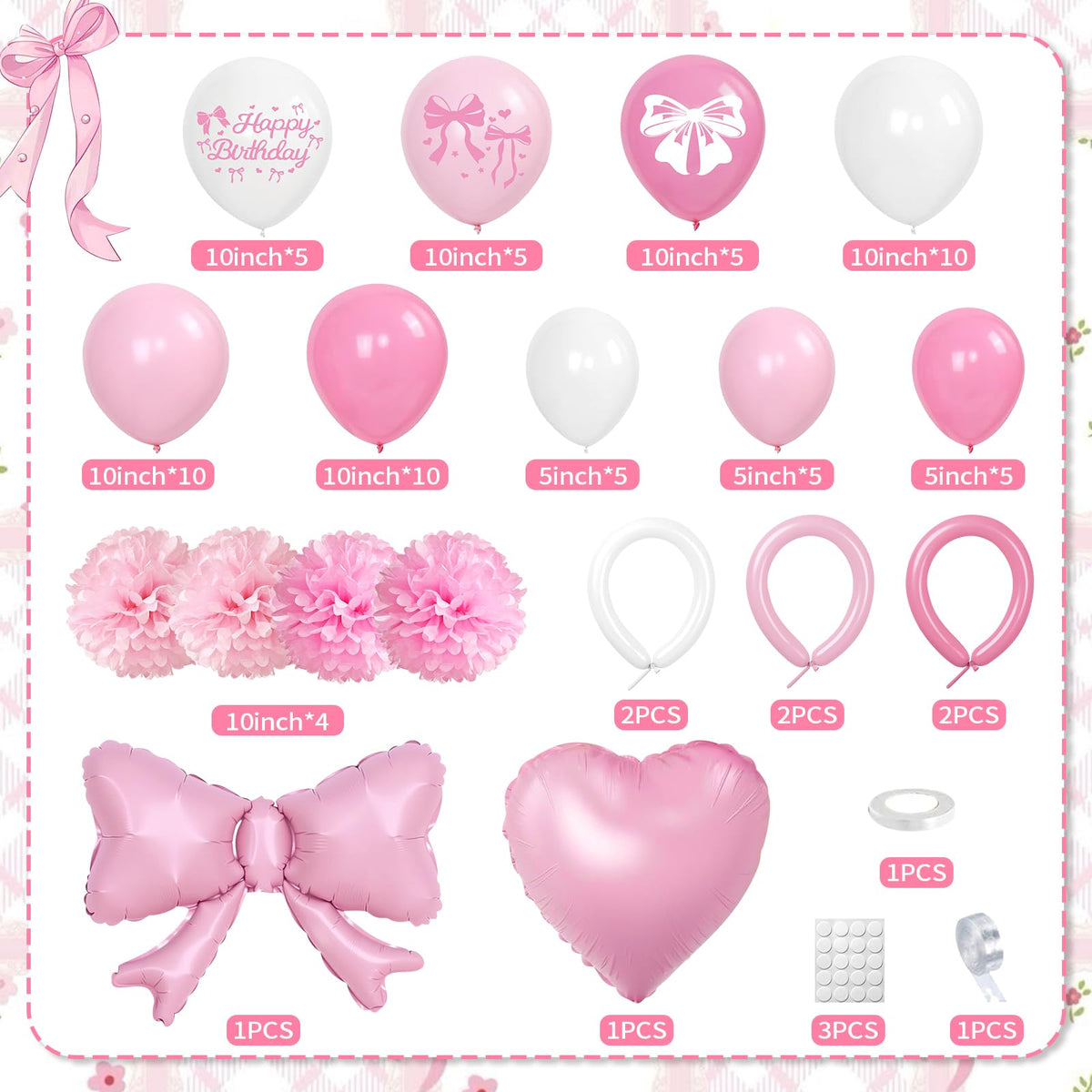 Pink Bow Birthday Decorations, Coquette Party Supplies with Balloons, Fringe Curtain, Birthday Sash, Pink Hair Bow, Tablecloth, Banner, Paper Pompoms, Cake Topper for Women Girls Bday Party Decor 🍁 All In One Marketplace Canada