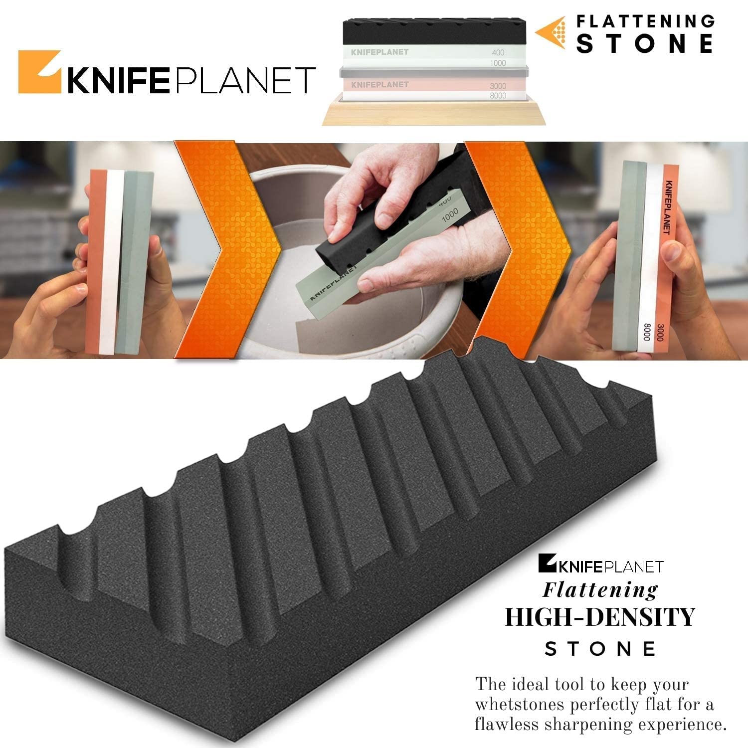 Knife Sharpening Stone Set – 400/1000 and 3000/8000-Grit Professional, Safe Knife Sharpener Set – Whetstone Set Includes Flattening Stone, Bamboo Base, and 2 Nonslip Rubber Bases - Available at All In One Marketplace Canada
