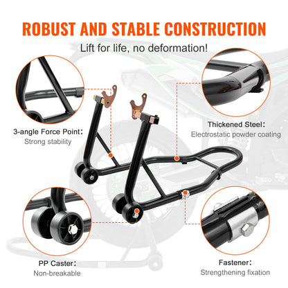 VEVOR Motorcycle Rear Wheel Stand, with U + L Fork Swingarm Spool, 850 lbs Capacity Heavy Duty Rear Wheel Stand Motorcycle Lift Jack Stand, for Suzuki Yamaha Honda Kawasaki, Black 🍁 All In One Marketplace Canada
