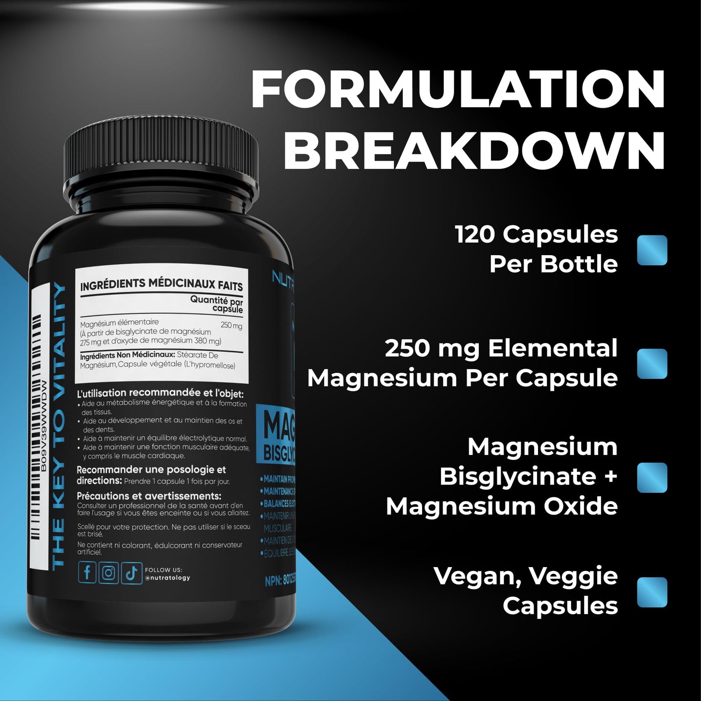 Nutratology® Magnesium Bisglycinate + Oxide | Canadian-Made | Relaxes Muscles, Improves Sleep Quality, Maintains Proper Muscle Functions & Enhances Bone Density | 250MG Per Capsule | 120 Capsules