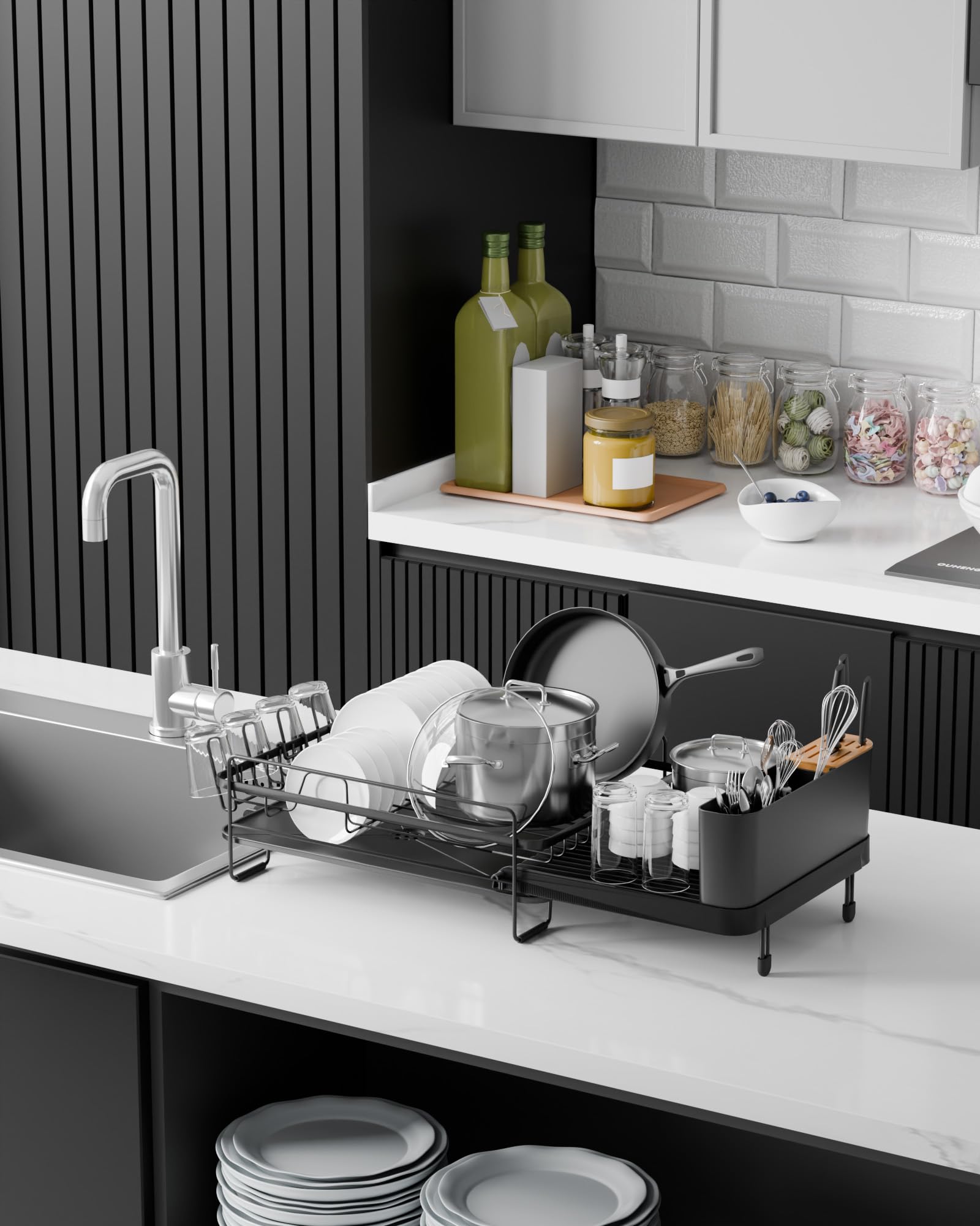 Kitsure Large Dish Drying Rack - Extendable Stainless Steel, Anti-Rust Kitchen Counter Rack with Cutlery & Cup Holders, 67.8 x 32.8 x 15.0cm, Black - Available at All In One Marketplace Canada