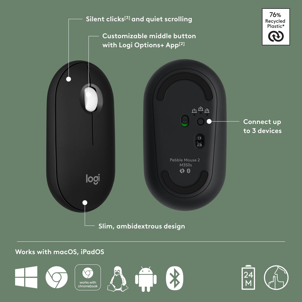 Logitech Pebble Mouse 2 M350s Slim Bluetooth Wireless Portable - Black