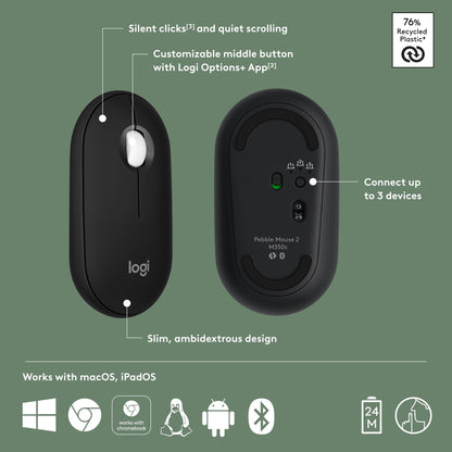 Logitech Pebble Mouse 2 M350s Slim Bluetooth Wireless Portable - Black