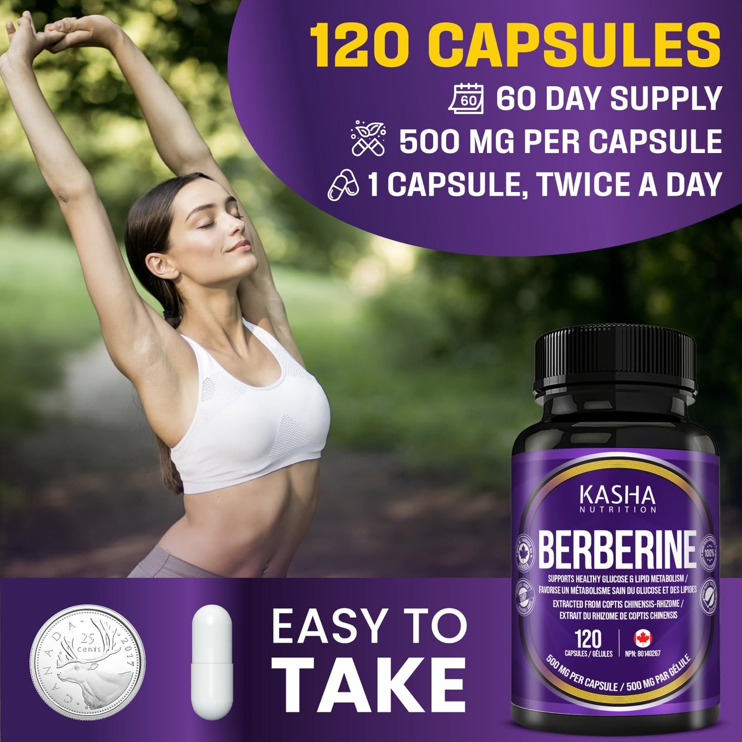 Maximum Strength Berberine Supplement 1000 mg Per Serving (500mg Per Capsule). Supports Healthy Glucose (Blood Sugar) and Lipid (Fats) Metabolism. Non-GMO, Vegan, Gluten-free. Bulk 120 Capsules. Proudly Canadian. Easy to Swallow. Kasha Nutrition - Available at All In One Marketplace Canada