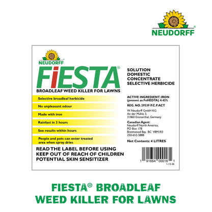 Fiesta Broadleaf Weed Killer for Lawns, Controls Dandelion, White Clover, & More & See Result within Hours. People & Pets Can Enter Treated Area when Spray Dries, Made with Iron, Rainfast in 3 Hours.