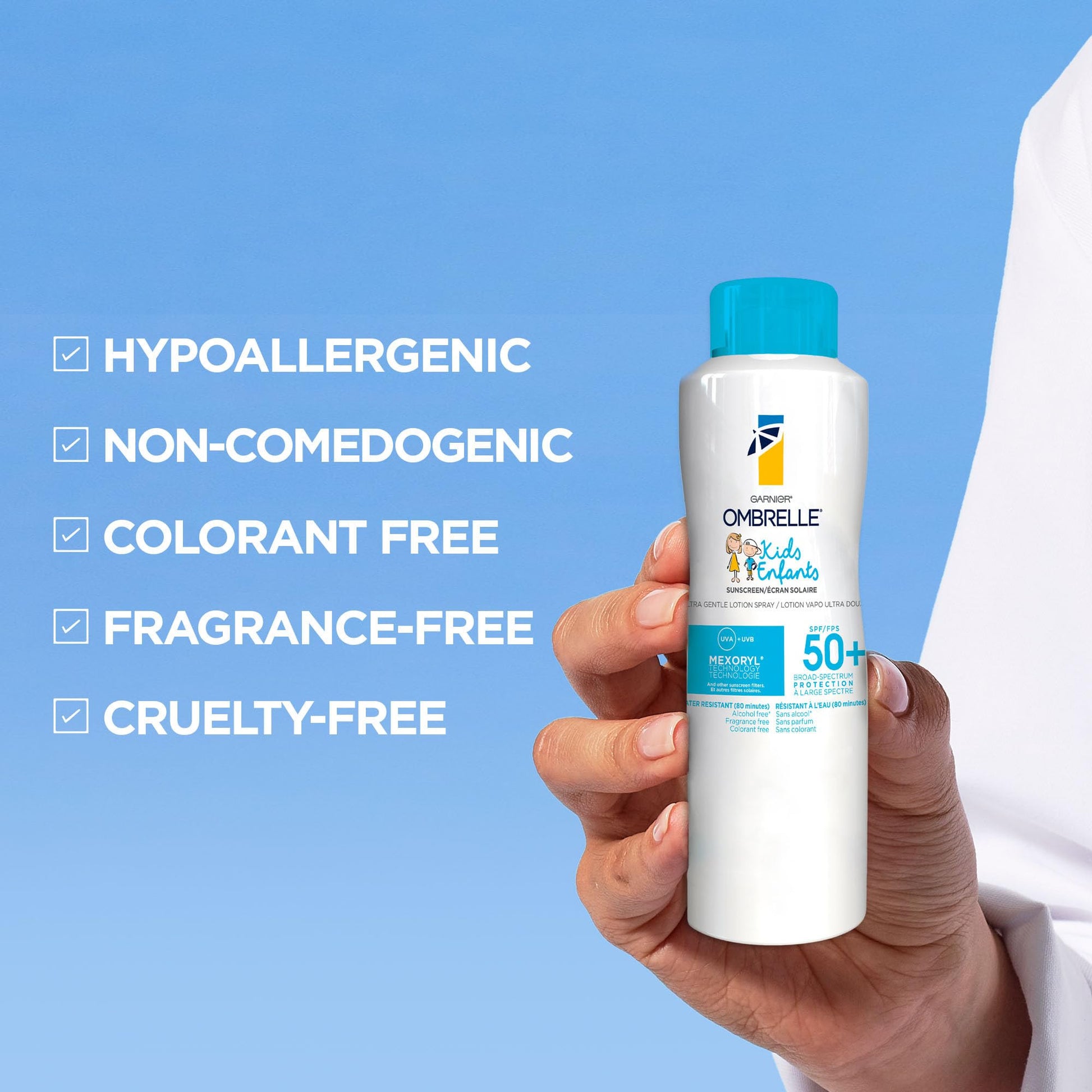 Garnier Ombrelle Kids Sunscreen Spray, SPF 50+, High Protection, Body Mist, Formulated for Sensitive Skin, Water-Resistant, Broad Spectrum UVA/UVB Protection, Non-comedogenic, 122g Garnier