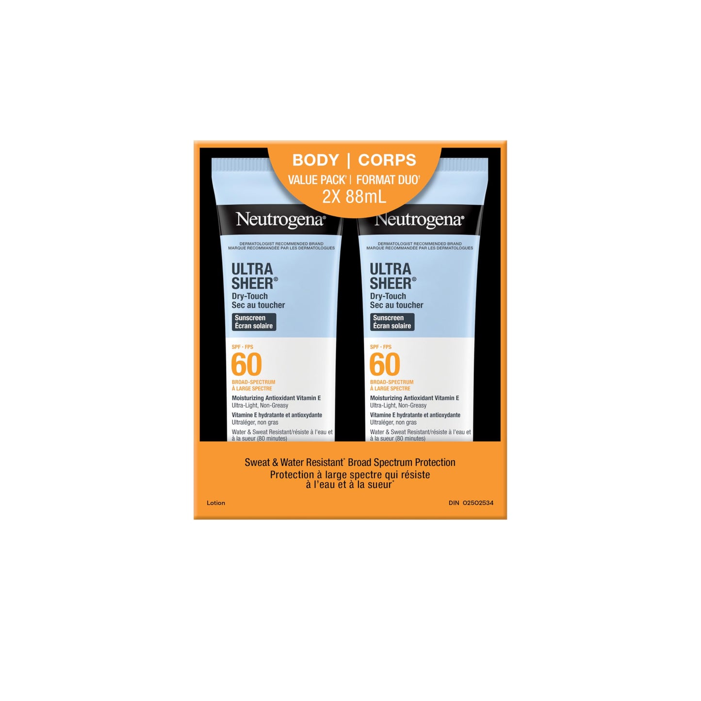 Neutrogena Ultra Sheer Dry-Touch Sunscreen Lotion, Broad Spectrum SPF 60 UVA/UVB Protection, Oxybenzone-Free, Light, Water Resistant, Non-Comedogenic & Non-Greasy, 88 mL (Twin Pack)