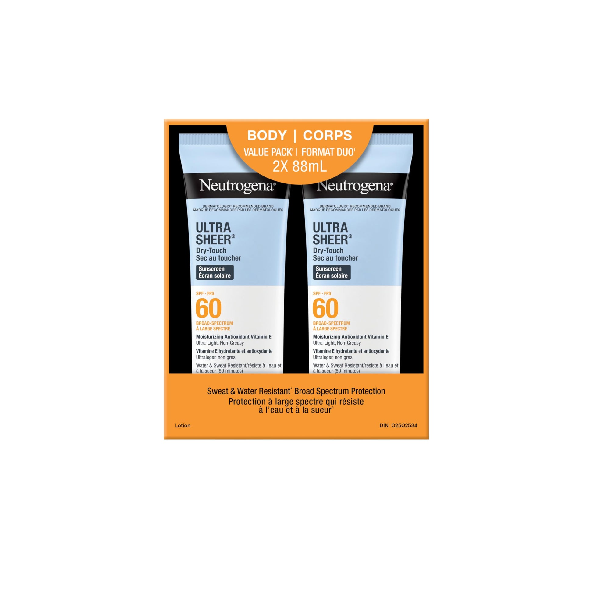 Neutrogena Ultra Sheer Dry-Touch Sunscreen Lotion, Broad Spectrum SPF 60 UVA/UVB Protection, Oxybenzone-Free, Light, Water Resistant, Non-Comedogenic & Non-Greasy, 88 mL (Twin Pack)