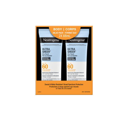 Neutrogena Ultra Sheer Dry-Touch Sunscreen Lotion, Broad Spectrum SPF 60 UVA/UVB Protection, Oxybenzone-Free, Light, Water Resistant, Non-Comedogenic & Non-Greasy, 88 mL (Twin Pack)