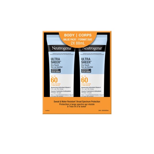 Neutrogena Ultra Sheer Dry-Touch Sunscreen Lotion, Broad Spectrum SPF 60 UVA/UVB Protection, Oxybenzone-Free, Light, Water Resistant, Non-Comedogenic & Non-Greasy, 88 mL (Twin Pack)