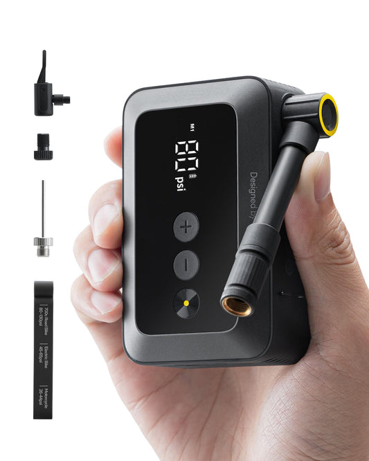 HOTO Electric Bike Pump, 150PSI Fast Inflate with Pressure Gauge, Mini Portable Bicycle Tire Inflator with Schrader & Presta Valve, for E-Bike, Road, Mountain, City and Fat Bikes, Motorcycle, BMX
