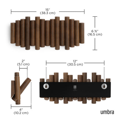 Umbra Picket Wall-Mounted Coat Rack Rail Hook with 5 Retractable Wood Pegs – Modern, Space-Saving Storage Organizer, Walnut Umbra
