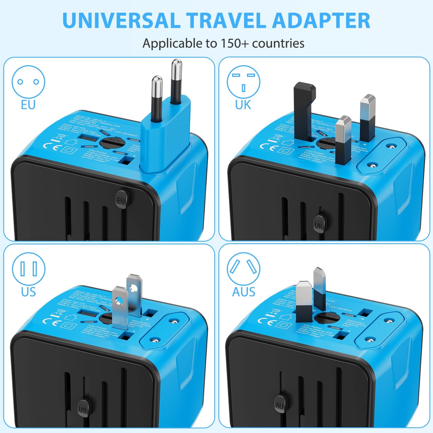 Universal International Travel Power Adapter, All in One Wall Charger with High Speed 2.4A 3xUSB, 3.0A Type-C, European Adapter, Worldwide AC Outlet Plugs for UK, EU, AU & Asia (Blue) - Available at All In One Marketplace Canada
