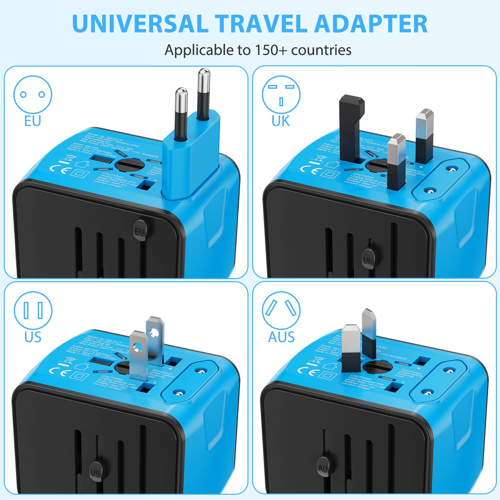 Universal International Travel Power Adapter, All in One Wall Charger with High Speed 2.4A 3xUSB, 3.0A Type-C, European Adapter, Worldwide AC Outlet Plugs for UK, EU, AU & Asia (Blue) - Available at All In One Marketplace Canada