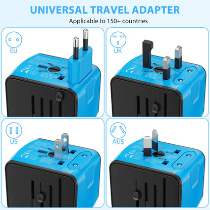 Universal International Travel Power Adapter, All in One Wall Charger with High Speed 2.4A 3xUSB, 3.0A Type-C, European Adapter, Worldwide AC Outlet Plugs for UK, EU, AU & Asia (Blue) - Available at All In One Marketplace Canada