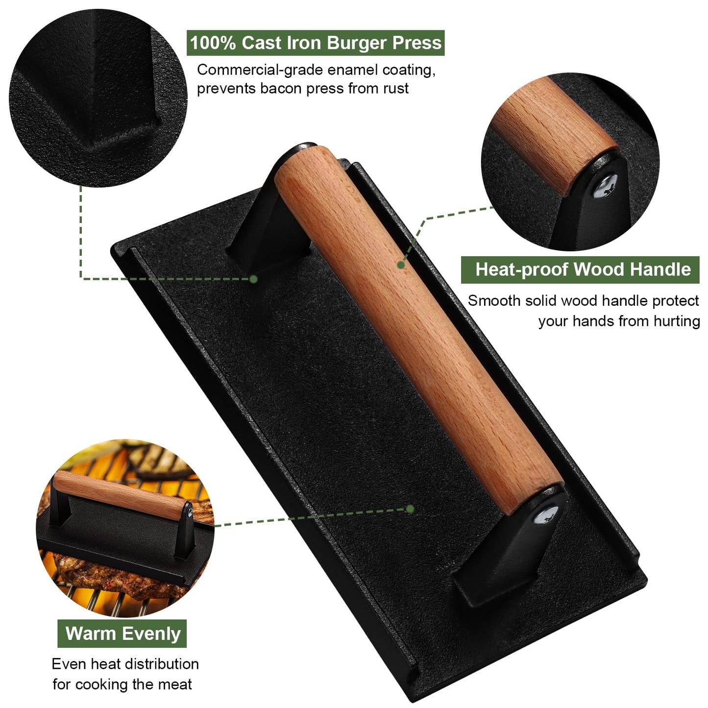 EWFEN Burger Press, 7" Round & 8.2"X4.3" Rectangle Heavy-Duty Cast Iron Smash Bacon Press Meat Steak with Wood Handle for Griddle, Sandwich, Nonstick Pan - Available at All In One Marketplace Canada