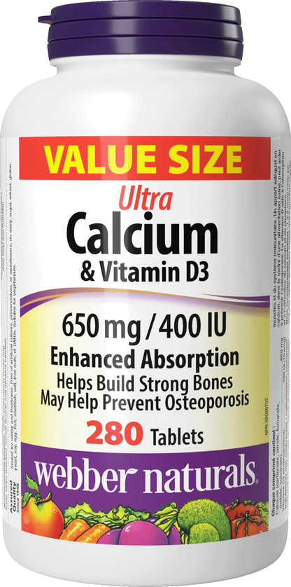 Webber Naturals Calcium Ultra with Vitamin D3, Enhanced Absorption, 280 Tablets, Helps Build Strong Bones, Vegetarian - Available at All In One Marketplace Canada
