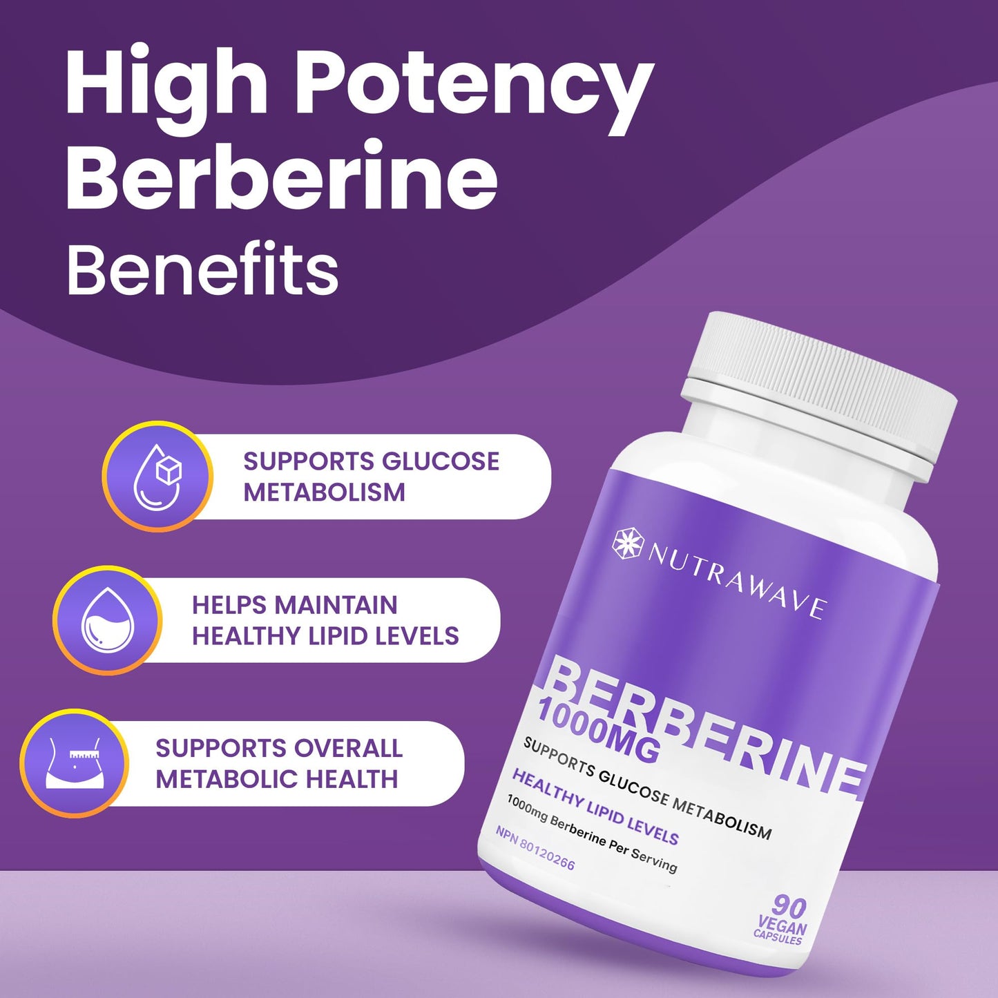 Nutrawave PURE Berberine MAXIMUM POTENCY 1000mg per Serving (2 capsules 500mg each) Supports Blood Sugar Levels, Healthy Lipid (Fat) and Glucose Metabolism. Non-GMO, Vegan, Gluten Free. 90 Easy to Swallow Capsules- 2 pack
