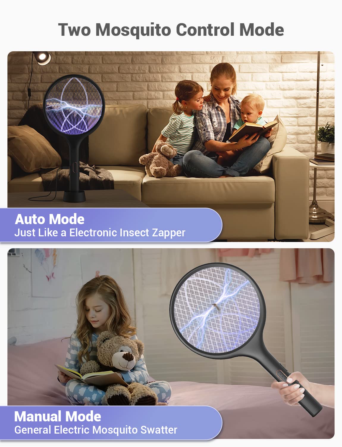 YISSVIC Bug Zapper Racket Electric Fly Swatter Fly Zapper Indoor Outdoor Rechargeable (Black-2 Piece)