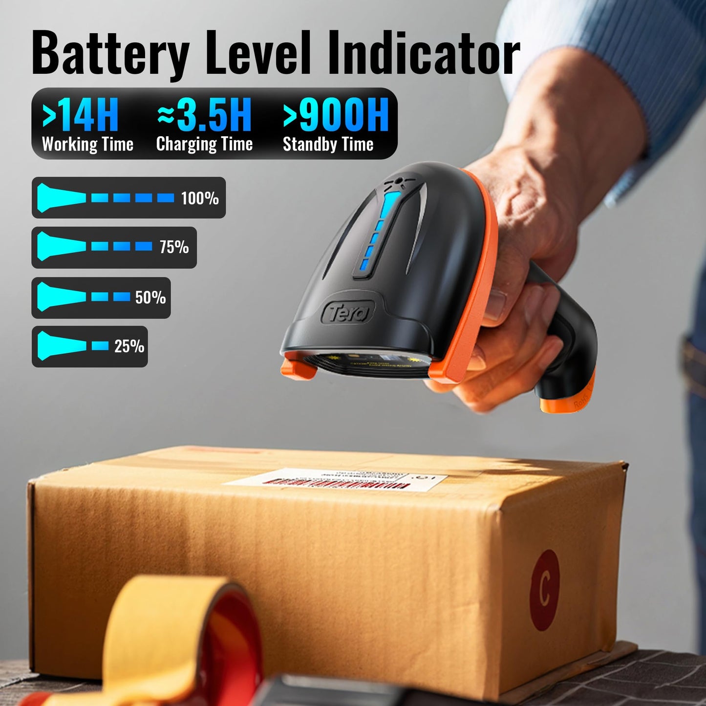 Tera Barcode Scanner Wireless 1D Laser Cordless Barcode Reader with Battery Level Indicator, Versatile 2 in 1 2.4Ghz Wireless and USB 2.0 Wired Tera