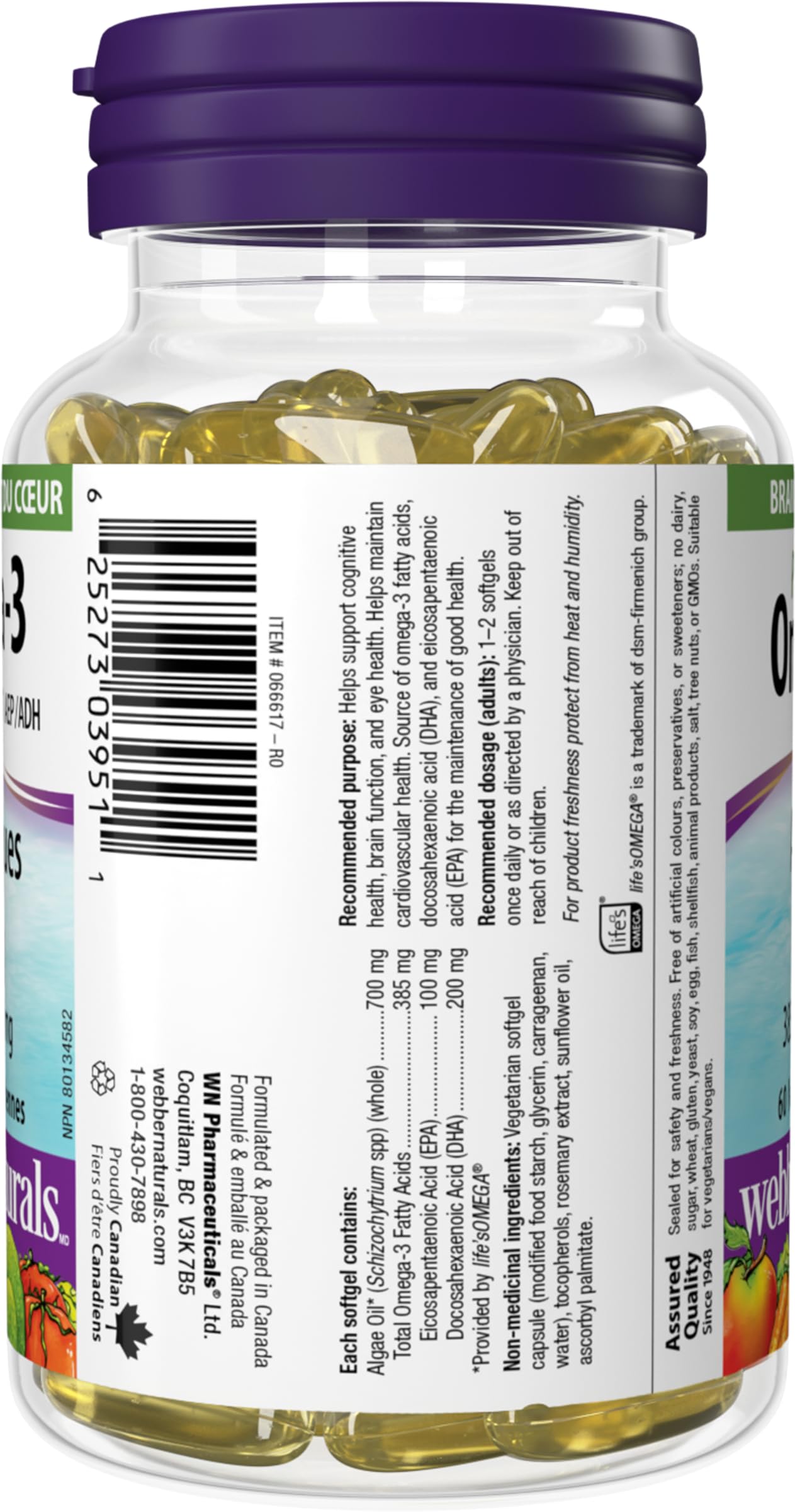 Webber Naturals Plant-Based Omega-3, 60 Softgels, Fish-Free Source of Omega-3, From Sustainably Cultivated Algae, Vegan - Available at All In One Marketplace Canada
