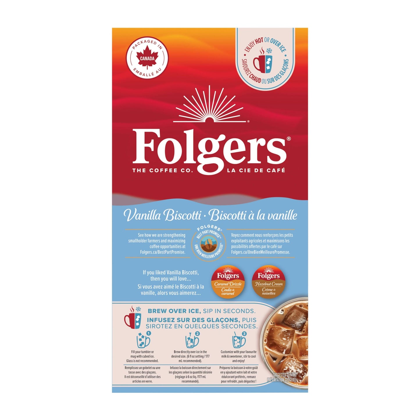Folgers Vanilla Biscotti Flavoured Light Roast Coffee Pods, Single Serve One Cup Pods made with Arabica Beans for Hot or Iced Drinks, 30 Count (Pack of 1)