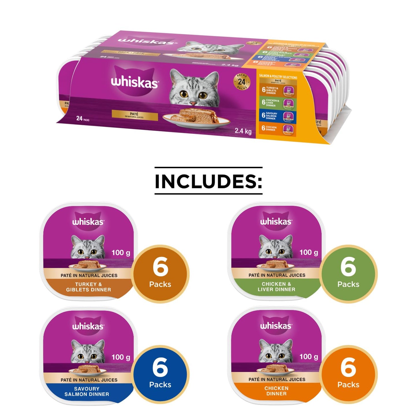 WHISKAS Salmon and Poultry Selections, Turkey, Chicken, and Savoury Salmon Dinner, Adult Wet Cat Food Paté in Natural Juices, 100g (24 Pack)