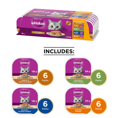 WHISKAS Salmon and Poultry Selections, Turkey, Chicken, and Savoury Salmon Dinner, Adult Wet Cat Food Paté in Natural Juices, 100g (24 Pack)
