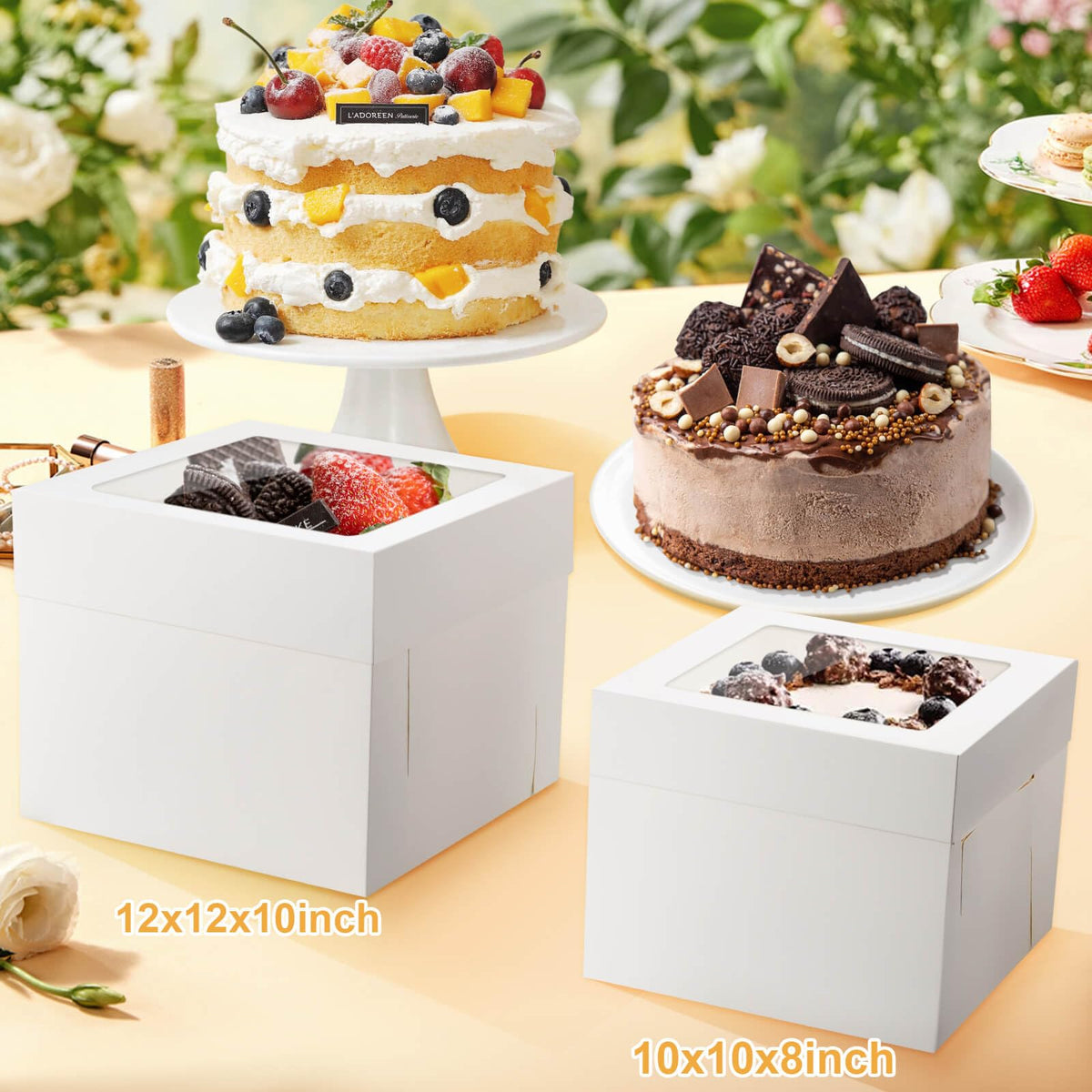 10 Pcs 12x12x10 10x10x8 Cake Boxes Set (5 Boxes & 5 Boards) with Windows Large in 2 Sizes Tall Bakery Boxes Disposable Carrier Take Out Container, Boxes in 2 Tier for Valentine's Day 🍁 All In One Marketplace Canada